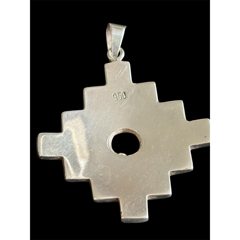 Peruvian Chakana Cross 950 Fine Silver Rainbow Stone Inlay Andean Pendant - Picture 2 of 6